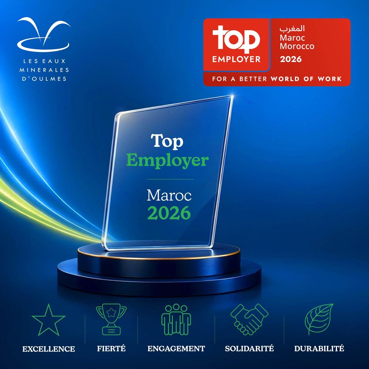 Les Eaux Minérales d’Oulmès est fière d’avoir été doublement primée lors de la cérémonie de remise des trophées du label « Élu Produit de l’Année Maroc 2026